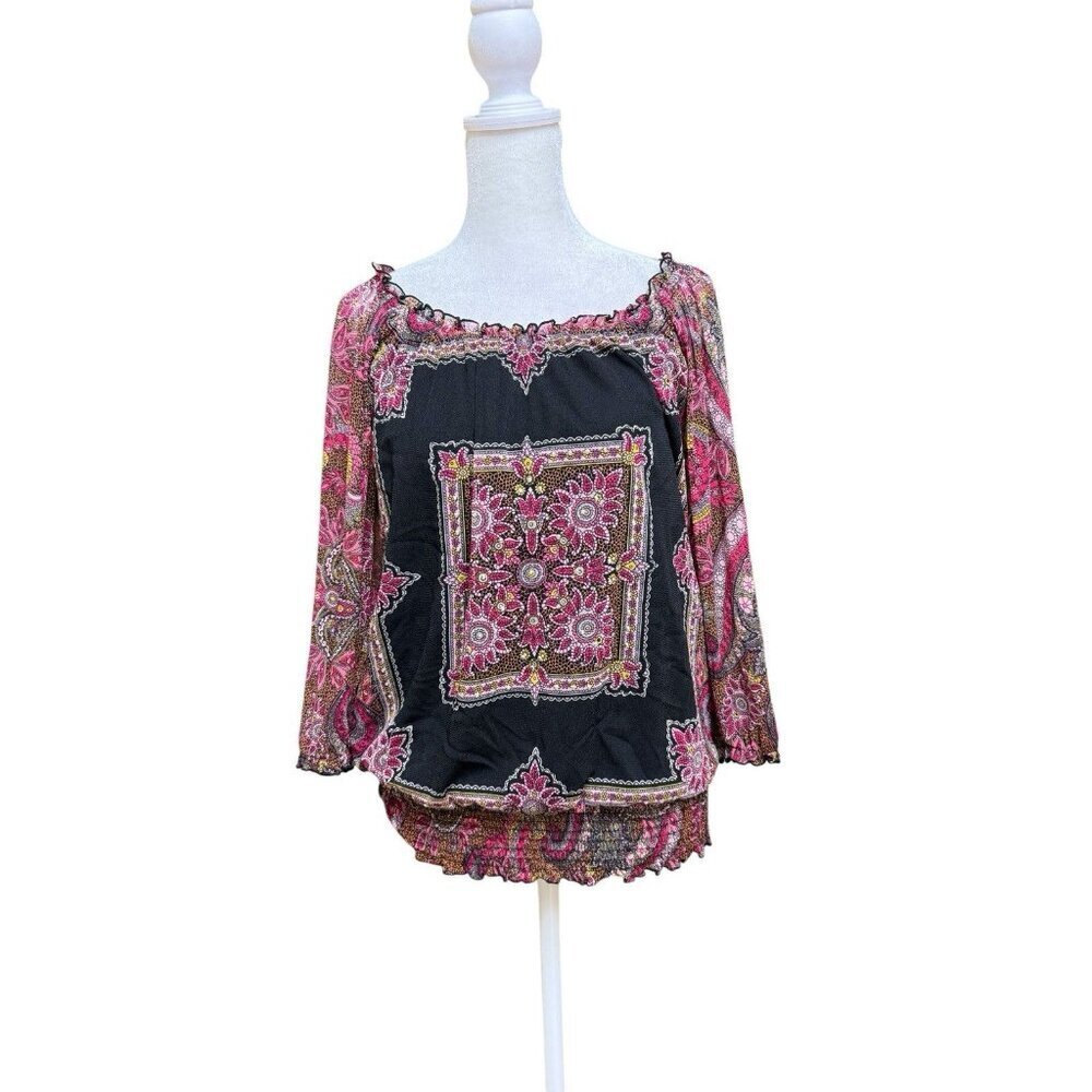 INC Petite Paisley Peasant Blouse Black Pink Boho Sheer Sleeve Top M